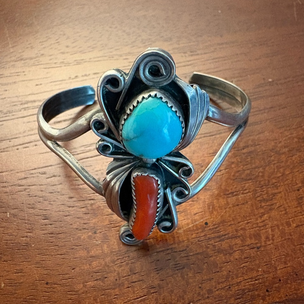 Handcrafted Vintage Stamped Turquoise and Coral .925 Silver Cuff Bracelet